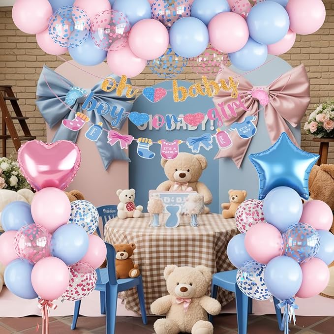 Gender Reveal Decorations Pink Blue Boys or Girls Balloon Set with Star Heart Foil Confetti Balloons Oh Baby Bunting Banner Socks Bottle Paper Garland Pastel Pink Blue Baby Shower Party Decor Kit