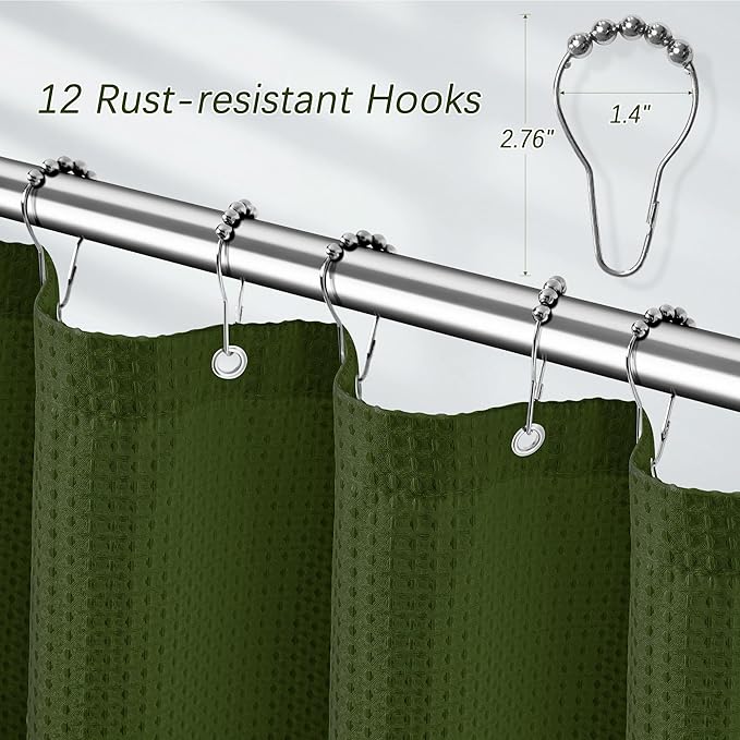 Waterproof Fabric Shower Curtain Extra Long Waffle Weave Heavy Duty Bathroom Shower Curtain Set, 256GSM Weighted Thick Shower Curtain with 12 Rust-Resistant Hooks,72Wx84H Green