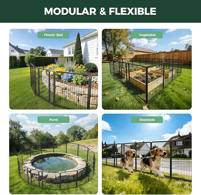 FXW Garden Fence Outdoor for the Yard – 32in(H) x 109.4ft(L) Heavy Duty Metal Animal Barrier for Dog, No Dig Decorative Dog Fence, 48 Panels, Black