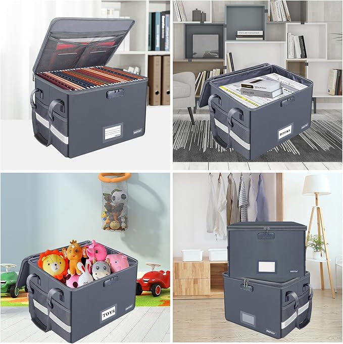ENGPOW File Box with Lock, Fireproof Document Box with Zipper Lid, Collapsible File Organizer Storage Filing Cabinet with Handle, Portable Home Office Safe for Hanging Letter/Legal Folders, Grey