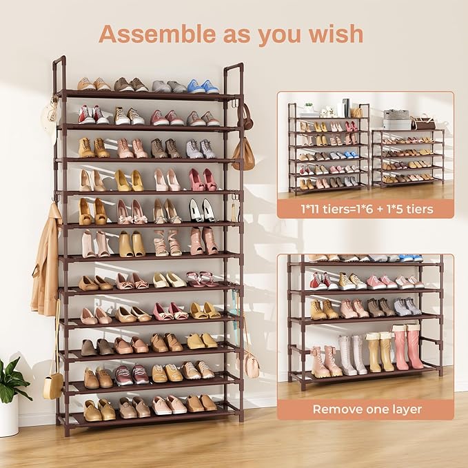LANTEFUL 11 Tiers Tall Shoe Rack Holds 55 Pairs of Shoes with 18pcs Hooks Sturdy Wide Shoe Organizer Storage Free Standing Metal Shoe Shelf for Closet, Entryway Brown