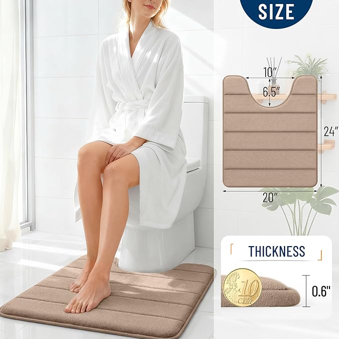 OLANLY Memory Foam Toilet Rugs U Shaped 24x20, Super Soft Absorbent Contour Bath Rugs, Quick Dry, Machine Washable Toilet Mat, Bathmat Floor Carpet, Bathroom Home Decor Accessories, Tan