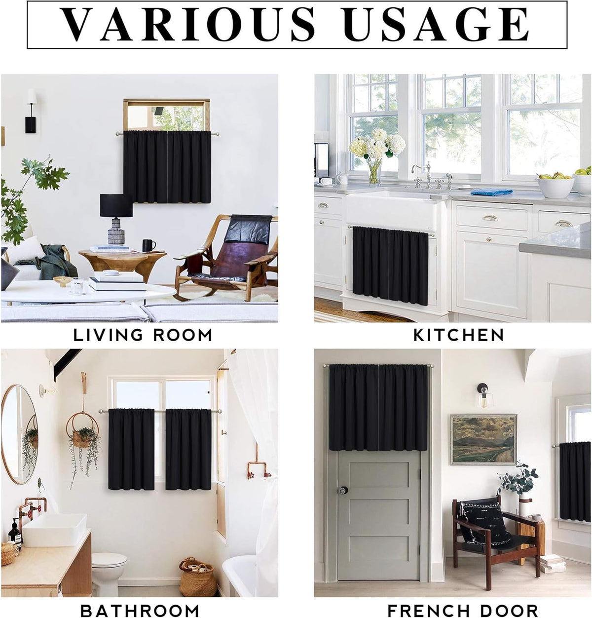 RYB HOME Blackout Curtains for Kitchen, Over Sink Privacy Curtains Window Decor, Thermal Insulating Drapes for Bathroom Cafe Bedroom Small Window, W 42 x L 24 inch, Black, 2 Panels