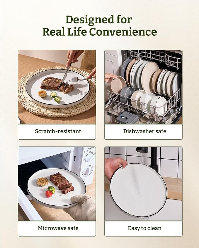 Famiware Nebula Plates and Bowls Sets for 4, 12 Pieces Stoneware Dinnerware Set, Microwave and Dishwasher Safe Dishes Set, White with Black Rim