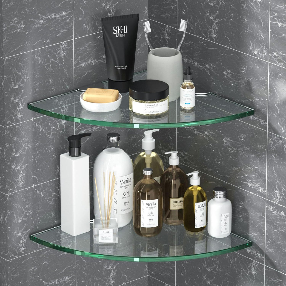 Corner Glass Shower Caddy 2 Pack 8MM-Thick Tempered Glass Shelf No Drilling Wall Mount Corner Mounted Shelves Space Saver Adhesive Bathroom Home Shelf Shampoo Holder Organizer Strong Adhesion