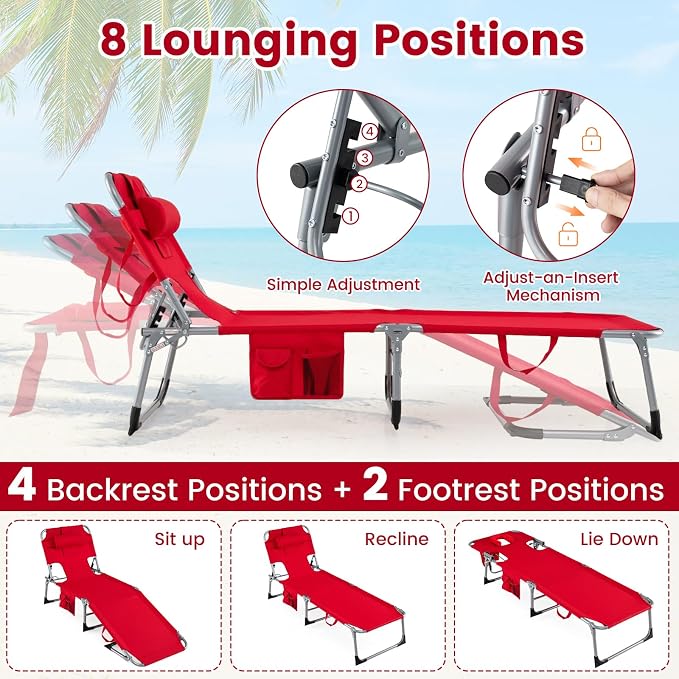 COSTWAY Tanning Chair with Face Hole, Folding Beach Lounge Chair with 4-Position Adjustable Backrest, Pillow & Side Pocket, Foldable Chaise Lounge Chair Outdoor for Sunbathing, Camping (2, Red)