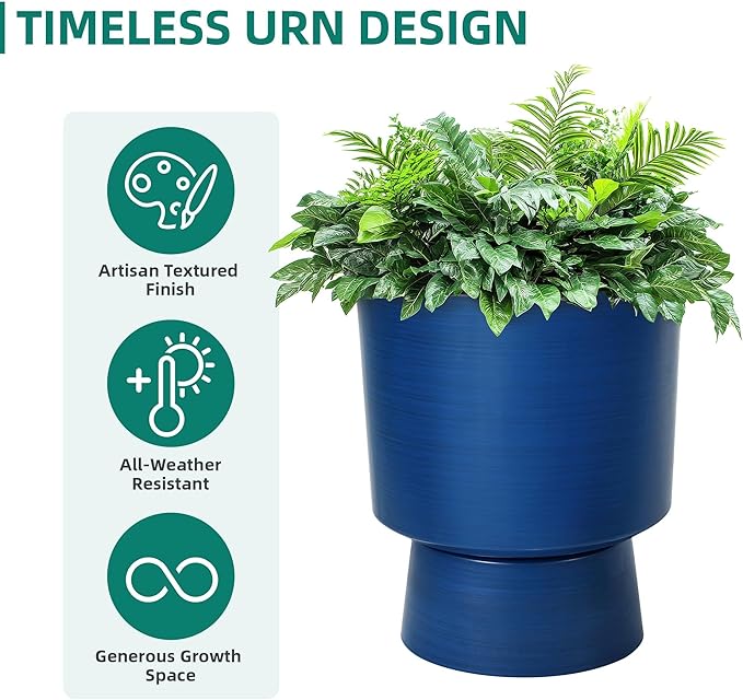 16.8" 2-Pack Urn Planters for Outdoor Indoor Plants, Modern 2-in-1 Large Flower Pots with Detachable Base, Drainage Holes, Weather-Resistant for Garden Patio Home Office Decor, Brushed Blue
