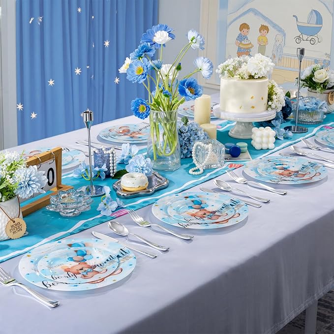 WELLIFE 20PCS We Can Bearly Wait Teddy Bear Plates – Reusable Plastic Dinner & Dessert Plates (10×9.2" + 10×6.3") for Baby Shower, Gender Reveal & Boy Birthday Party
