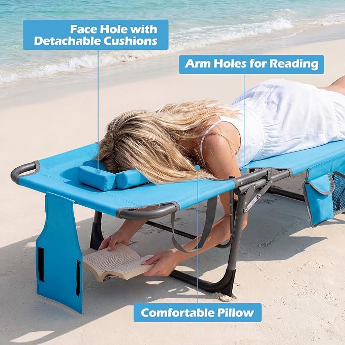 COSTWAY Tanning Chair with Face Hole, Folding Beach Lounge Chair with 4-Position Adjustable Backrest, Pillow & Side Pocket, Foldable Chaise Lounge Chair Outdoor for Sunbathing, Camping (2, Blue)