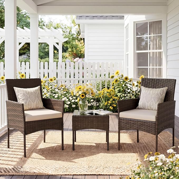 Sweetcrispy 3 Piece Patio Furniture Set, All-Weather Outdoor Wicker Bistro Set with Removable Cushions & Tempered Glass Table, Small Conversation Seating for Porch, Balcony, Deck, Backyard, Black
