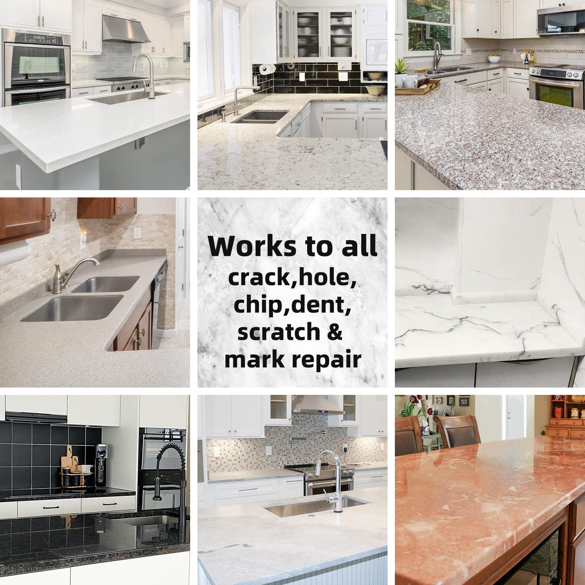 Globalcom Tile and Granite/Marble Repair Kit, Porcelain Stone and Quartz Countertops Repair Kit for Chips Dents Cracks Holes Scratch, Fix Chipped Edges Corners, Reattaches Missing Pieces