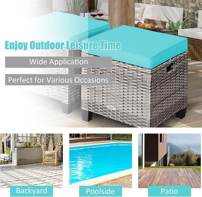 Tangkula 2 Pieces Patio Rattan Ottomans, Outdoor Wicker Footstool Footrest Seat with Soft Cushions and Steel Frame, All-Weather Patio Ottoman Set for Backyard Garden Poolside