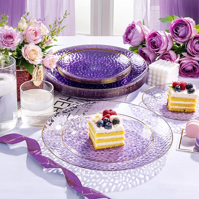 Rubtlamp 60Pcs Clear Purple Gold Plastic Plates, Purple Disposable Plates With Gold Rim, Hammered Plastic Plates Include 30 Clear Dessert Plates, 30 Dinner Plates for Party
