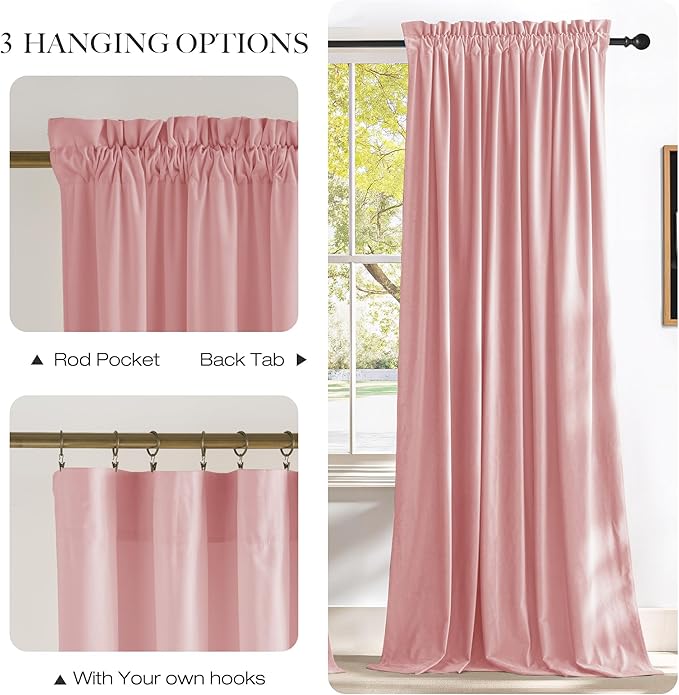 NICETOWN Pink Velvet Curtains 96 inch Length, Blush Pink Room Darkening Thermal