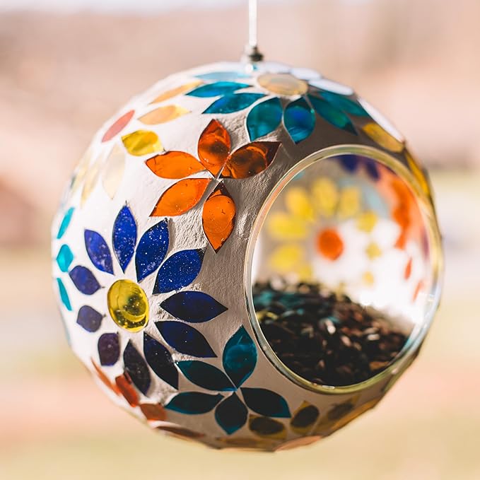 Backyard Expressions Hanging Glass Bird Feeder - Multicolor - Fly Through Bird Feeders for Outside, Mosaic Bird Feeder, Round Shape Wild Birdfeeder