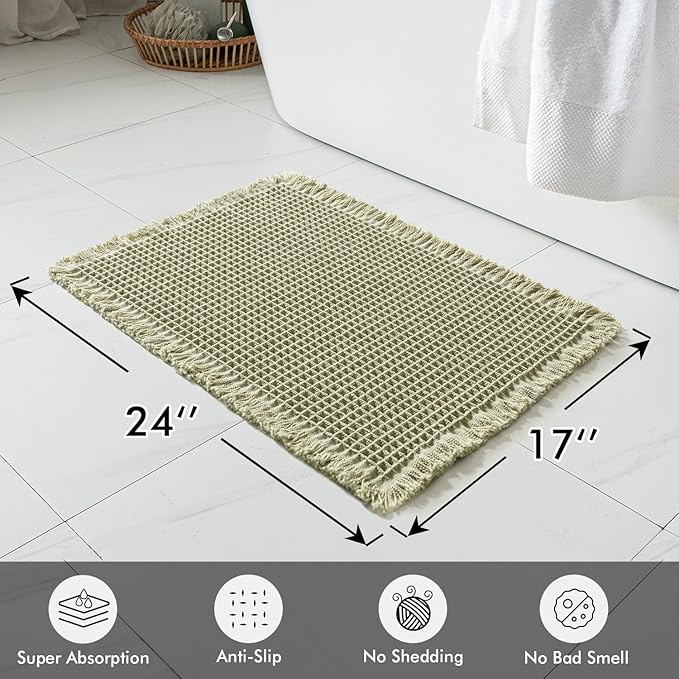 MIULEE Set of 2 Waffle Bathroom Rugs, Boho Bath Rugs Non Slip Washable, Super Absorbent Bath Mats, Ultra Soft Rubber Backed Shower Mats for Bathroom Floor, Tub and Shower, Sage Green, 17x24 Inch
