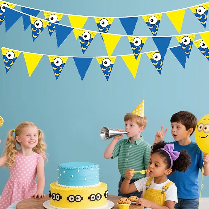 32Ft Yellow Blue Cartoon Party Decorations Blue Yellow Big Eyes Banana Triangle Flag Fabric Banner Pennant Garland Streamers for Cartoon Birthday Baby Shower Big Eyes Movie Party Decor Supplies