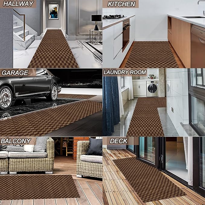 2' x 43' Runner Rugs with Rubber Backing, Indoor Outdoor Utility Carpet Runner Rugs, Checkered Brown, Can Be Used as Aisle for The RV and Boat, Laundry Room and Balcony