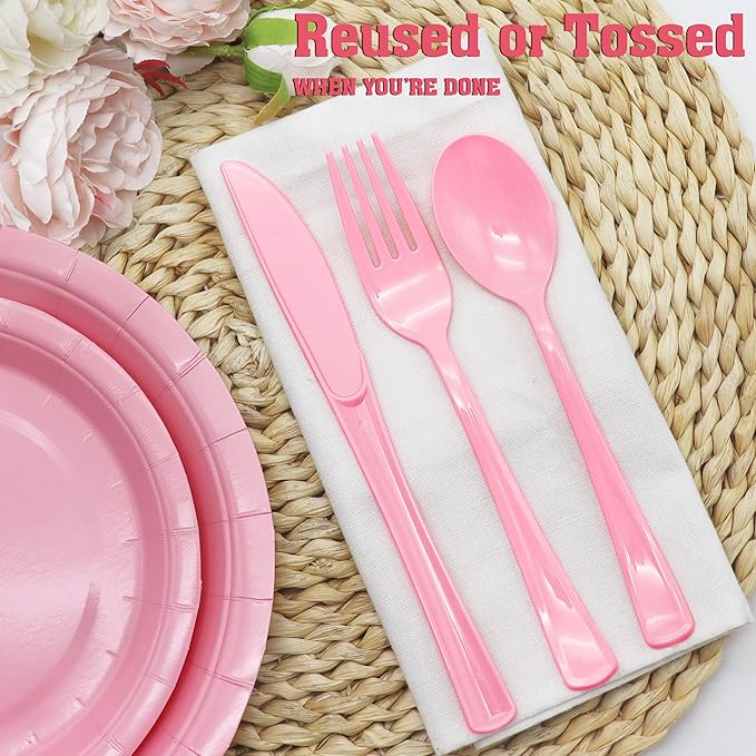 150 Pack Light Pink Plastic Silverware, Pink Plastic Utensils Heavy Duty Includes 50 Disposable Forks, 50 Knives, 50 Spoons for Birthday, Bride Shower, Wedding