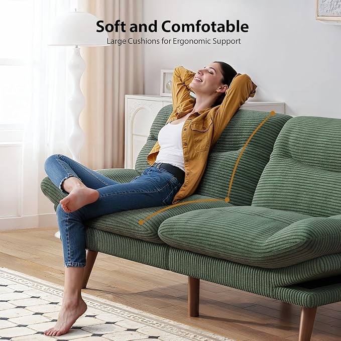 Pipishell Futon Sofa Bed, 66 Inch Corduroy Futon Couch Convertible with Adjustable Backrest and Armrests, Recliner Sleeper Sofa for Small Spaces, Living Room, Office, Guest Room (Green, 66 Inch)