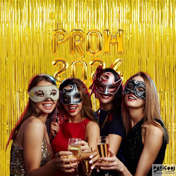 Christmas Decorations Thicken Gold Streamers, 4 Pack 3.2 x 8.2 FT Golden Tinsel Backdrop Curtains, Foil Fringe Photo Backdrop for Birthday, Prom, Hollywood, Anniversary Party Decorations