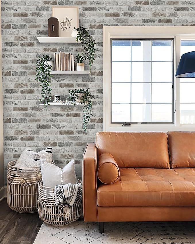 Guvana 17.3"×197" Brick Peel and Stick Wallpaper Grey Brown 3D Self Adhesive