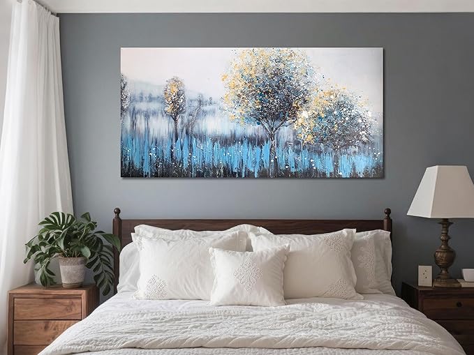 Arjun Tree Wall Art Canvas Teal Landscape Painting Blue Forest Textured Picture Modern Panoramic Abstract Nature Artwork Large Size Framed for Living Room Bedroom Bathroom Home Office Wall Decor
