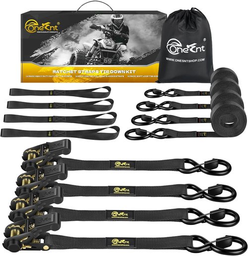 4Pcs Ratchet Tie Down Straps Kit - 2400lb Break Strength | 1” x 16FT Soft Loop Straps for Trucks & Motorcycles