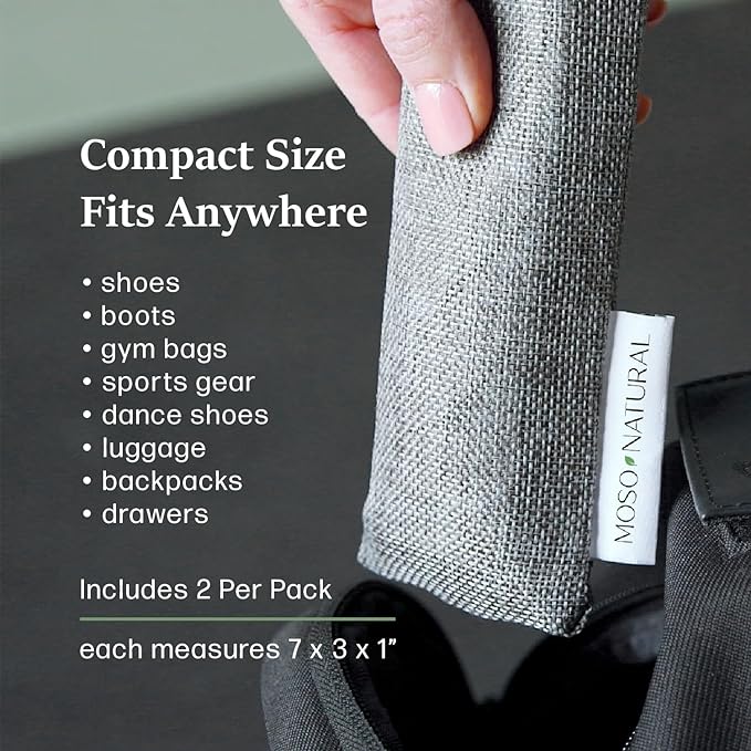 Moso Natural Shoe Deodorizer Inserts, Charcoal Odor Absorber for Shoes, Gym Bag & Boot Deodorizer, Long-Lasting Shoe Odor Elimination, Unscented Air Purifying Bags (Two Per Pack. 4 Total)