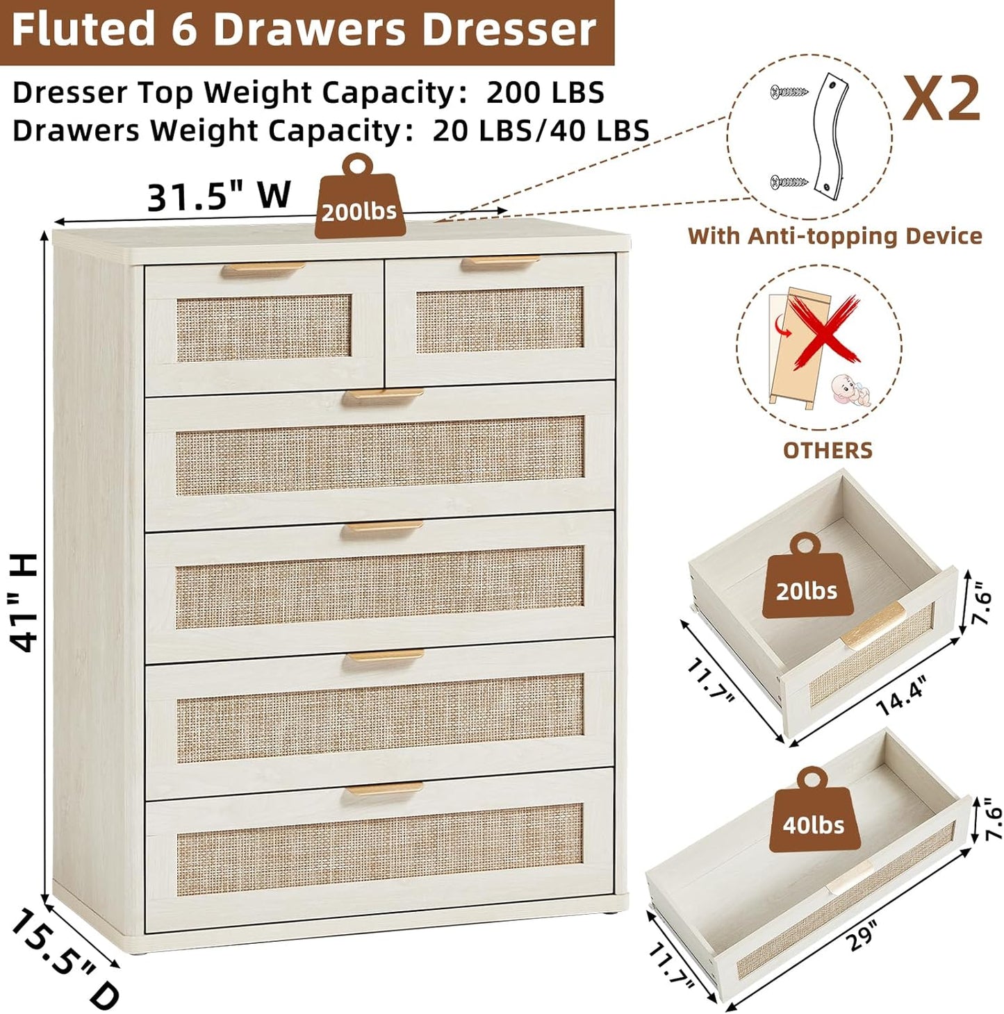LEYAOYAO White Dresser for Bedroom, 42" Tall Chest of Drawers, Modern 6 Drawers Boho Rattan Dressers with Storage, Dresser Wooden Closet Organizer for Living Room, Hallway