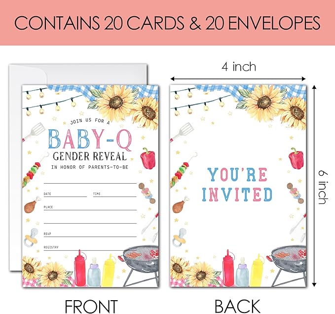 Baby-Q Gender Reveal Invitations - 20 Rustic BBQ Baby Shower Invitation Cards 4"x6" with Envelopes, Sunflower and Gingham Blue Pink Invitations for Parents-to-Be.(104)