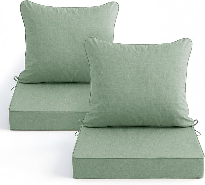 Summsun Outdoor Cushions for Patio Furniture, Faux Linen Water Resistant Backrest and Deep Seat Cushion Set with Removable Cover, Straps, Non-Slip Bottom, 24 x 24 Inch, Sage Green, Set of s
