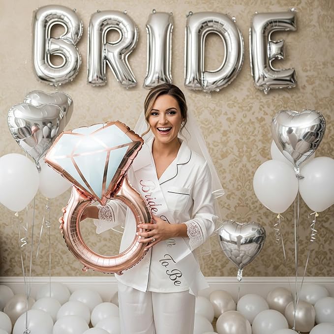 Silver Bridal Shower party decorations with huge 40in silver BRIDE letter Pearl Balloons BRIDE to be Sash Bridal Veil Diamond Ring Heart shape Balloons For Bachelorette party Wedding supplies