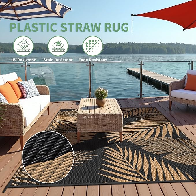 Outdoor Rug 6’x9’ Waterproof for Patio Clearance, Reversible Indoor Outdoor Plastic Straw Camping Rug Carpet, RV Mat, Large Area Rug for Deck, Backyard, Balcony, Porch, Beach, Black & Brown