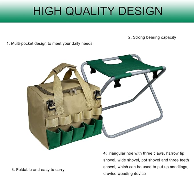 Folding Gardening Stool with Detachable Storage Tote Bag, Portable Garden Seat for Elderly Seniors, Heavy Duty Garden Chair for Gardening, Fishing, Camping, Outdoor & Indoor Use (Green+Khaki)