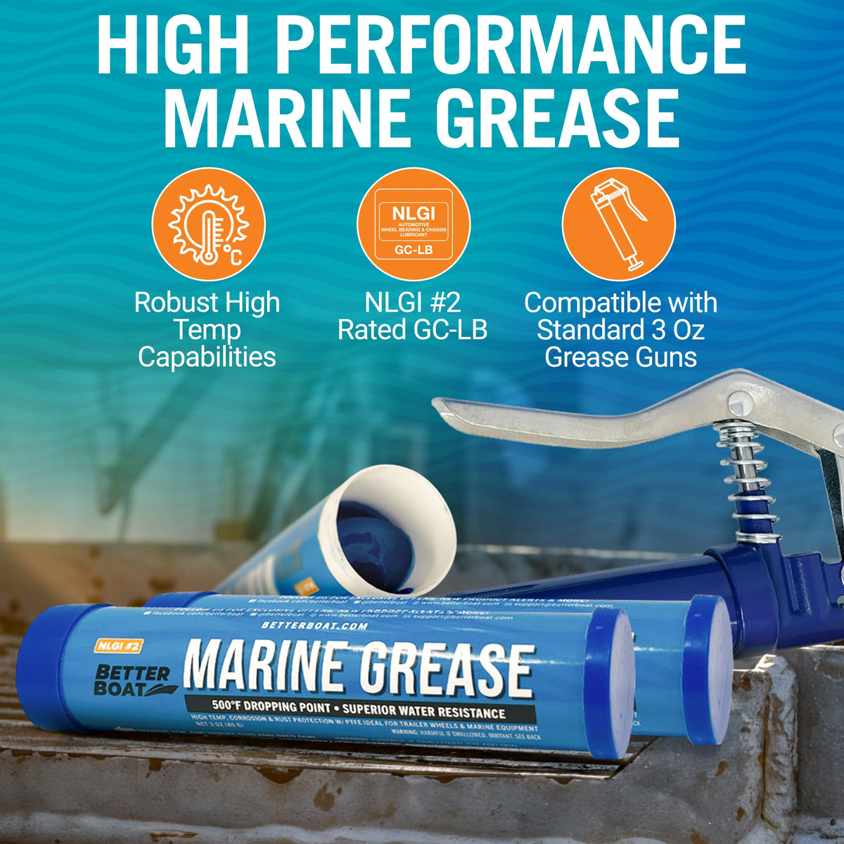 3PK Mini Marine Grease Tube, 3 Oz Cartridge, Waterproof High Temp Wheel Bearing Lubricant, NLGI 2, for Boat Trailer Bearings and Grease Guns, 3-Pack