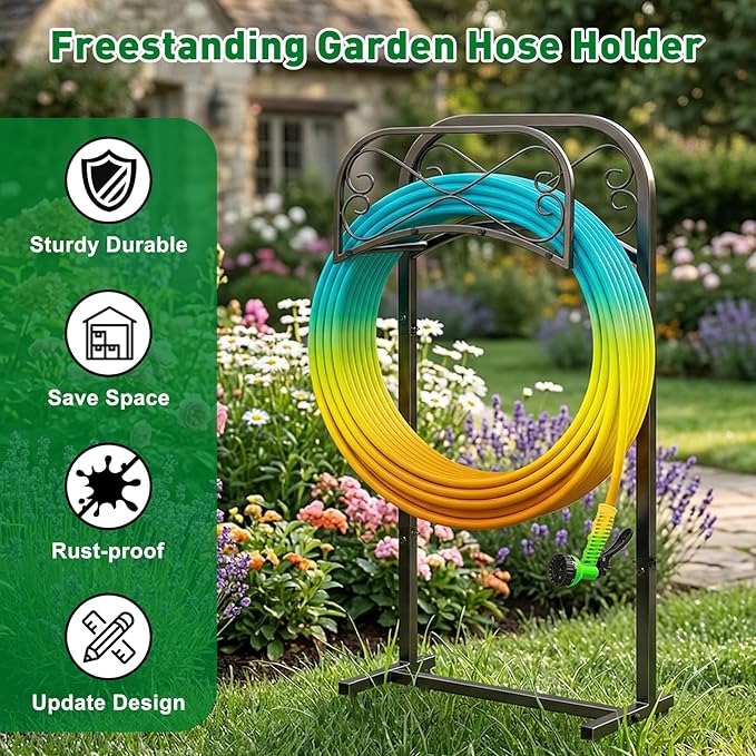 Gtongoko Garden Hose Holder for Outside 43" Heavy Duty Freestanding Water Hose Holder with 4 Stable Spikes Metal Hose Stand Holds Up to 150FT Hose & 44LB Detachable Hose Storage for Yard Lawn Patio