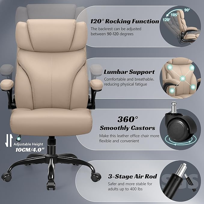 Office Chair, Ergonomic Big and Tall Computer Desk Chairs, Executive Breathable Leather Chair with Adjustable High Back Flip-up Armrests, Lumbar Support Swivel PC Chairs with Rocking Function