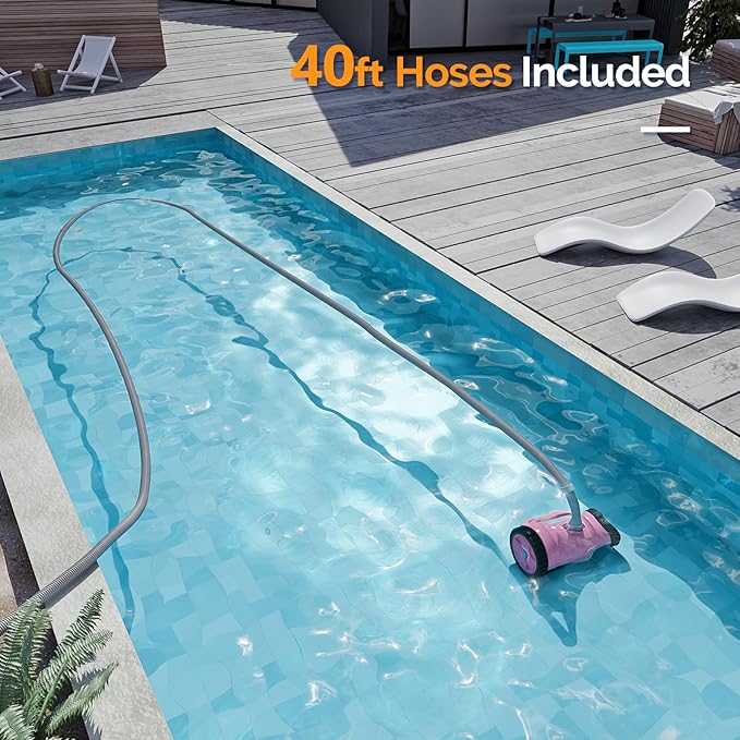 (2025 Upgrade) VINGLI Pool Vacuum Cleaner, Suction Side Wall-Climbing Sweeper for Ground&Inground Pools, Automatic Pool Vacuum with 39.6ft Tangle-Free Hose (Comfort Pink&Gray)