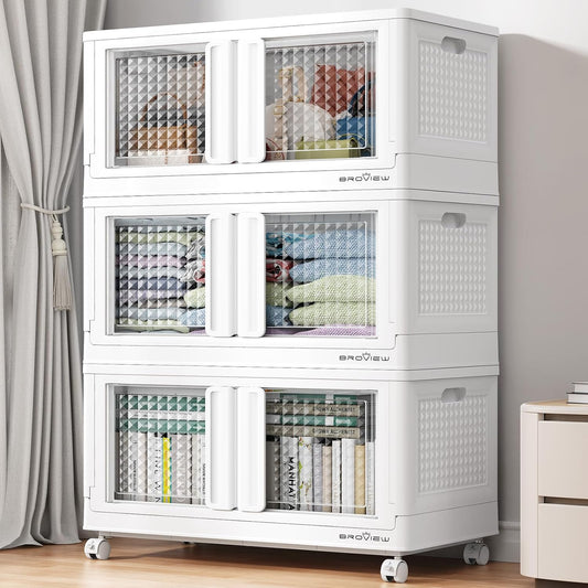BROVIEW 300 Qt Stackable Storage Bins with Lids & Doors, 3 Pack Plastic Closet Organizer and Storages Drawers with Wheels, Large Collapsible Storage Boxes, Cabinet for Home, Office, V10, White