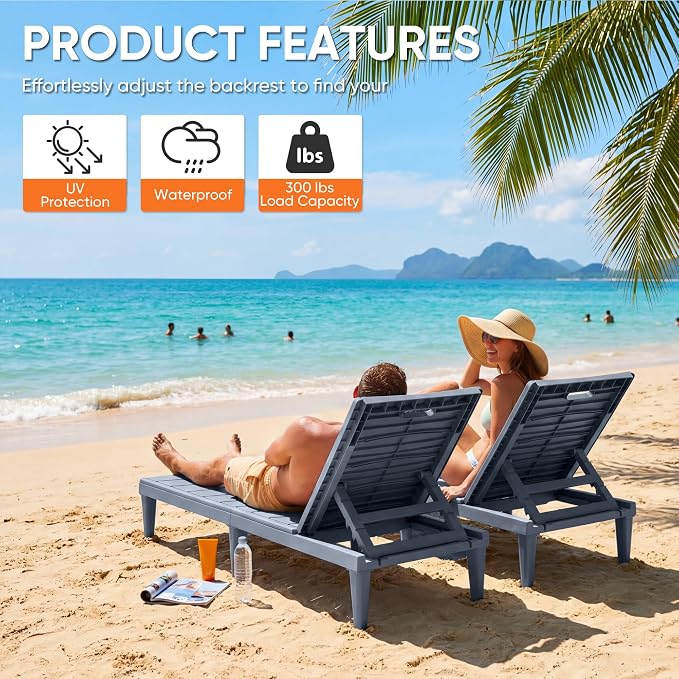 Homall Patio Chaise Lounge Chairs Set of 2, Outdoor Lightweight Lounge Chairs, 5 Position Adjustments Backrest for Outside Pool, Garden, Patio and Beach, Gray