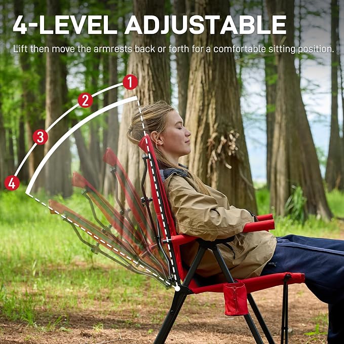 EVER ADVANCED Reclining Camping Chairs for Adult Lightweight, Folding Recliner Chair with Adjustable Back, 4-Level Lounge Chairs, Portable Lawn Chairs for Patio Balcony, Supports 350lbs Red
