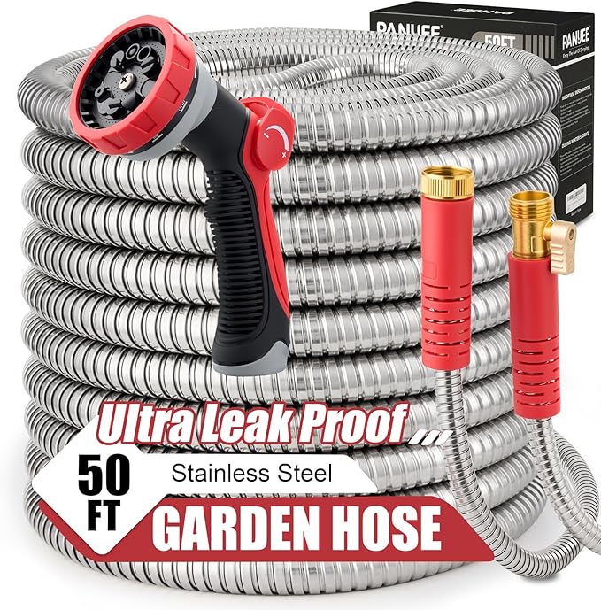 Stainless Steel Garden Hose 50ft, Heavy Duty Water Hose with 10 Functional Nozzles, No Kink, Lightweight and Flexible, Strong and Durable, Suitable for Outdoor,Yard and Lawn