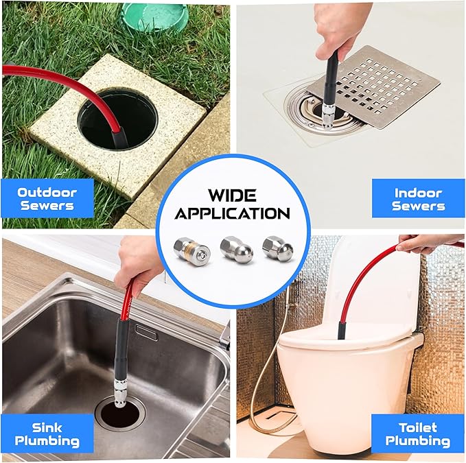 Sewer Jetter Kit for Pressure Washer 50 FT, Drain Cleaner Hose with Power Washer Gun, 1/4 Inch NPT Corner, Rotating and Button Nose Sewer Jetting Nozzle,Waterproof Tape, Pearl Corsage Pin, Spanner