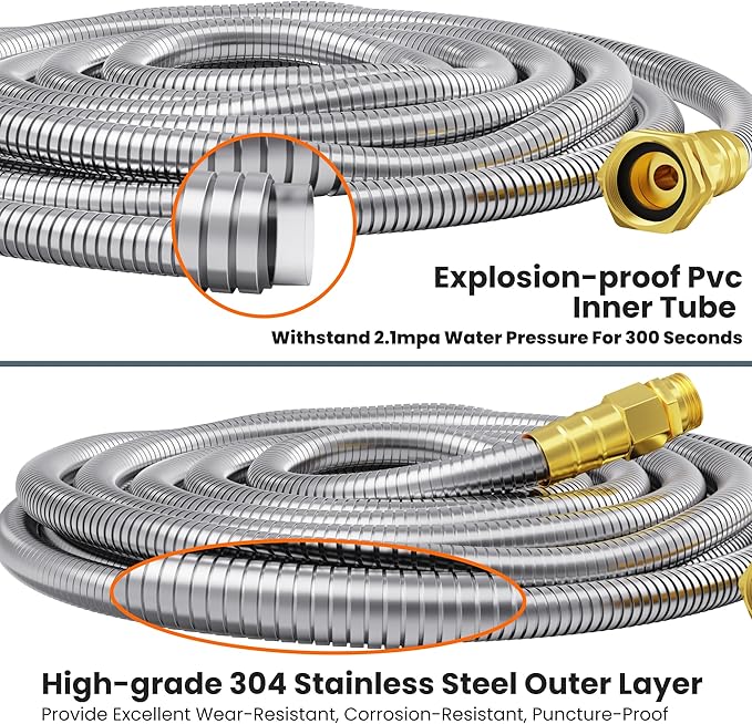 Giraffe Tools Garden Hose 75ft x 5/8", 304 Stainless Steel Metal Water Hose, No Kink Garden Water Hose with 9 Pattern Spray Nozzle, Flexible, Lightweight, Kink Free Hose for Yard, Outdoor