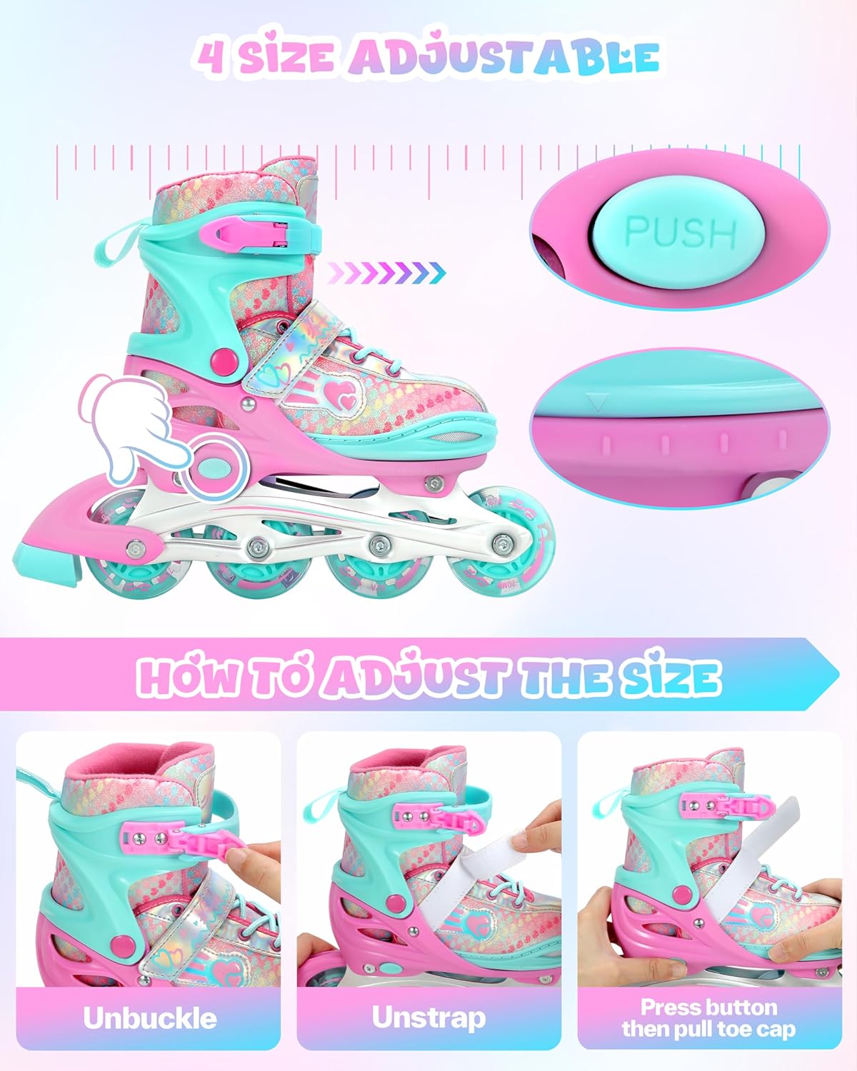Sportneer Adjustable Inline Skates for Girls | Light-Up Wheels & Protective Gear Set | Sizes 12C-9