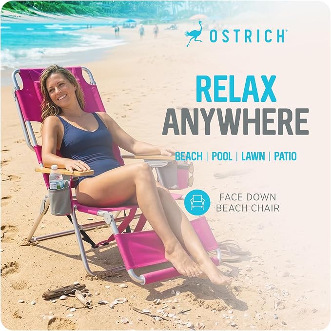 Ostrich the Woody Backpack 3N1 Portable Chair with Cooler Bag and Reclining Lounger for Tanning, Camping, Beach, and Outdoor Essential, Pink
