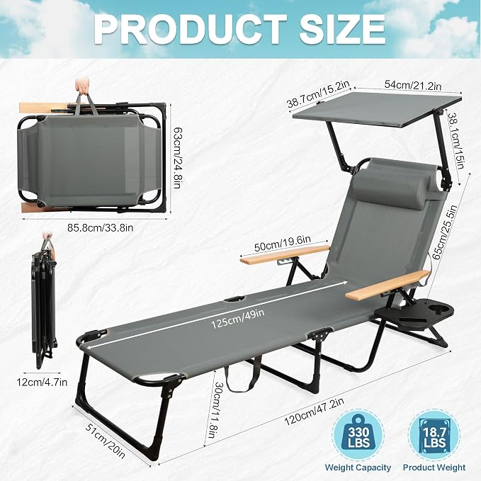 Outdoor Chaise Lounge Chair with 4-Position Adjustable Backrest,Patio Folding Sun Tanning Chair,Pillow & Cup Holder,Portable Recliner Sunbathing Lounger Chairs for Beach Garden (Grey with Shade)