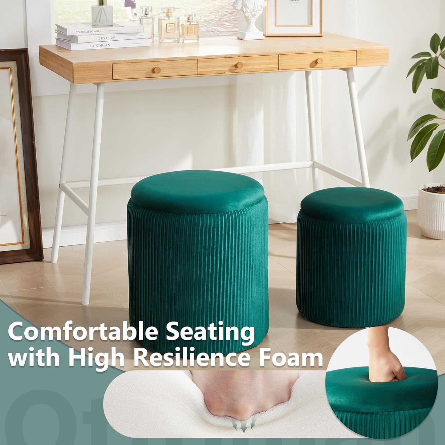 Royal Windsor Round Ottoman with Storage Set of 2,Vanity Stool with Storage for Bedroom, Ottoman Coffee Table, Small Velvet Foot Stool for Living Room, Green
