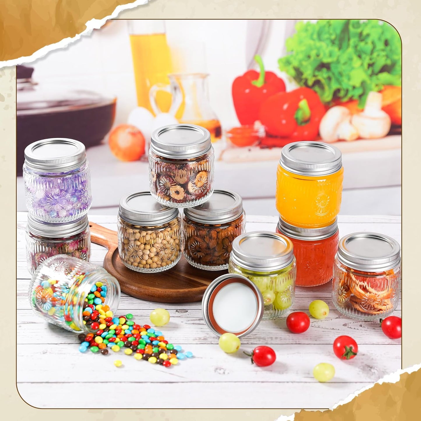 Mason Jars 8 oz - Vintage Small Glass Mason Jars with Silver Metal Lids, Regular Mouth Canning Jars, Safe For Storage, Canning, Pickling, Preserving, Fermenting, DIY Crafts & Decor (8Pack)